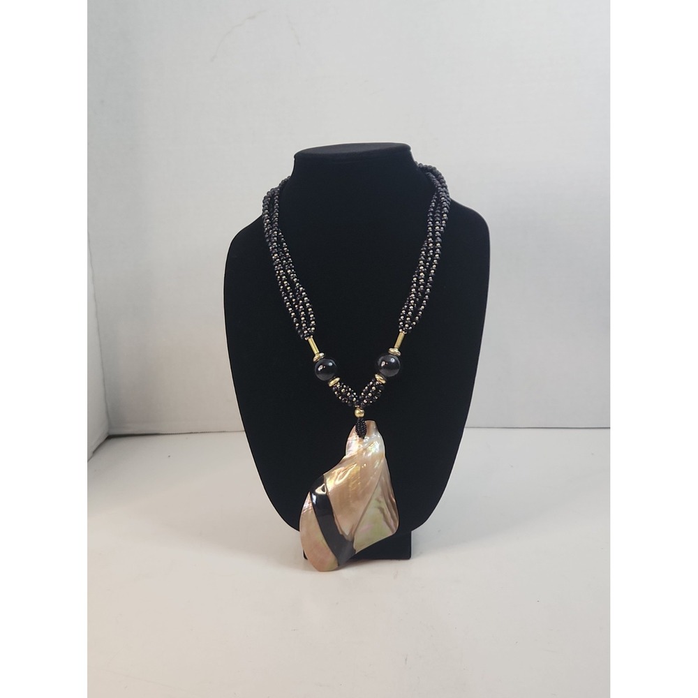 Vintage Massive Mother of Pearl Shell Necklace Black Glass Beads 23.5" Statement
